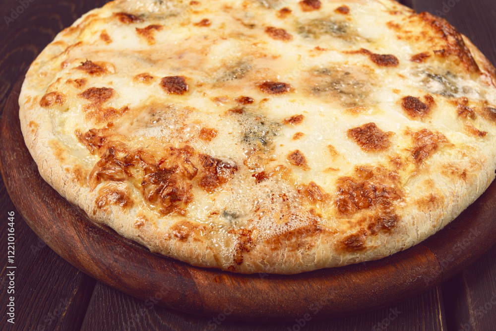 Freshly baked cheese pizza, with a golden crust and bubbling melted cheese, white pizza, on a wooden board, homemade, no people, Freshly baked cheese pizza, with a golden crust and bubbling melted cheese, white pizza, on a wooden board, homemade, no people,