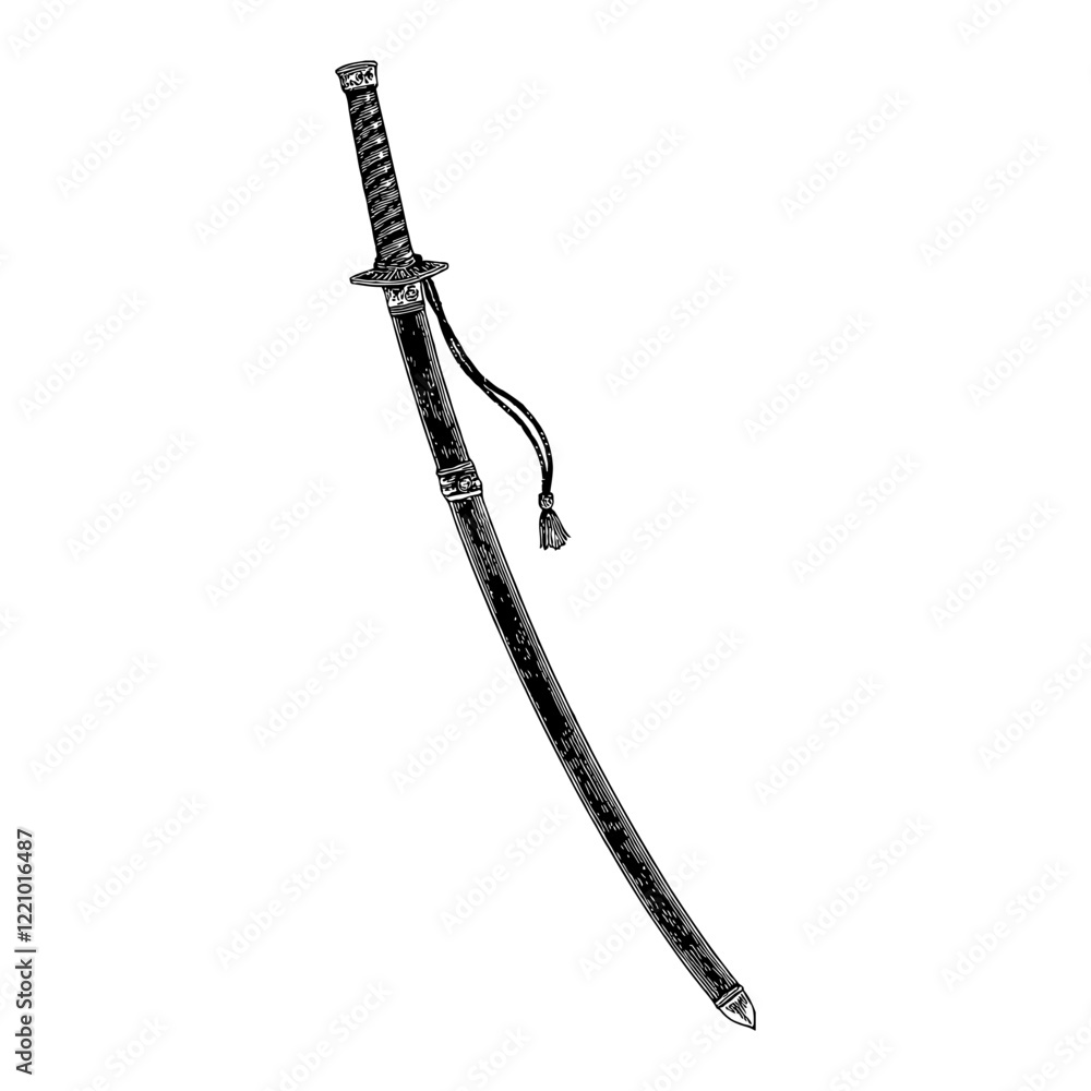 Detailed Katana Sword in Black and White Outline Line Art Drawing Isolated on White Detailed Katana Sword in Black and White Outline Line Art Drawing Isolated on White