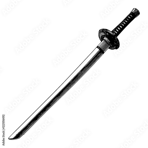 Katana Sword Long Blade Traditional Black and White Outline Line Art Drawing Japanese Style