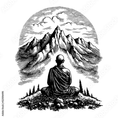 A Monk Meditating with Mountain in Black and White Outline Line Art Drawing Silhouette