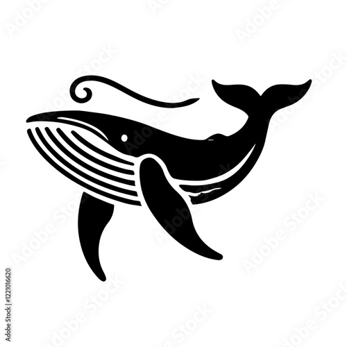Ocean Giant Silhouette: A stylized black silhouette of a humpback whale, gracefully swimming, with a whimsical, swirling tail fluke adding a touch of artistic flair. 
