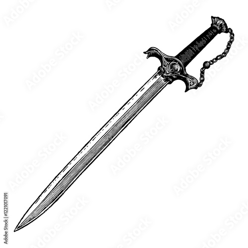 Detailed Saber Sword with Chain Handle Black and White Outline Line Art Drawing