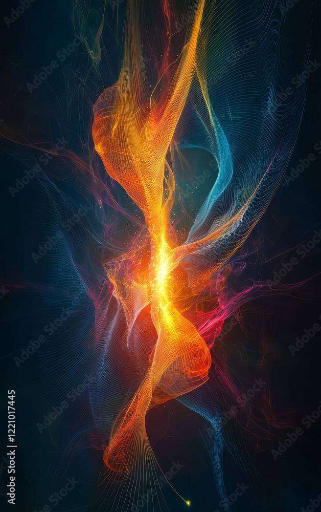 Fototapeta premium Luminous Abstract: A captivating abstract composition featuring dynamic, swirling forms of vibrant, glowing colors against a dark backdrop. 