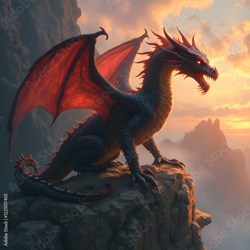 Majestic dragon overlooking a sunset from a cliff photo