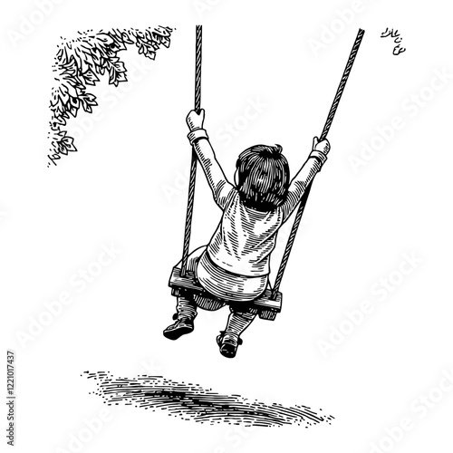 Child Playing on Swing with Back View Black and White Outline Line Art Drawing
