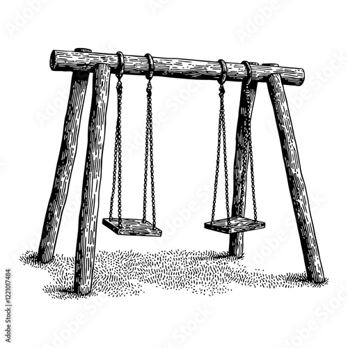 Wooden Swing Set in Detailed Black and White Outline Line Art Drawing of Playground Equipment