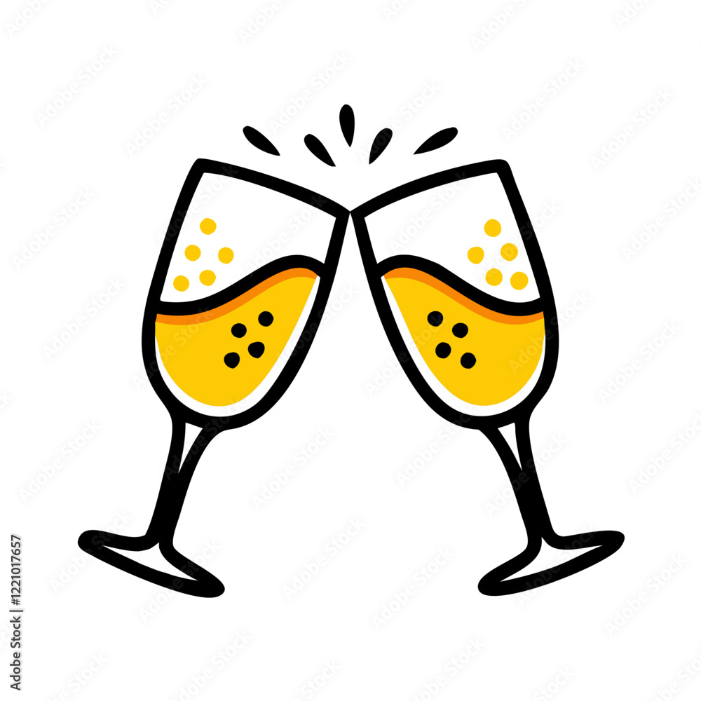 Obraz premium Toasting champagne glasses with yellow bubbly drink in cartoon style