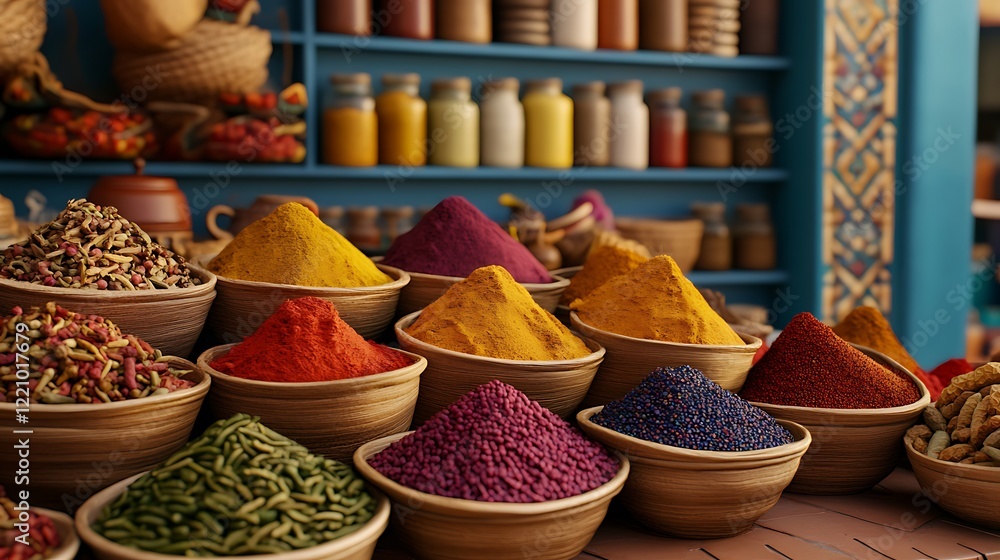 Fototapeta premium Vibrant Moroccan Bazaar Filled with Colorful Spices Displaying an Array of Flavors and Textures Perfect for Culinary Inspiration and Exotic Cuisine Photography