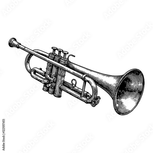 Detailed Trumpet Musical Instrument Black and White Outline Line Art Drawing Isolated Object