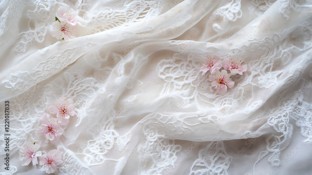 Minimalistic flat lay of white lace fabric and soft pink flowers Minimalistic flat lay of white lace fabric and soft pink flowers