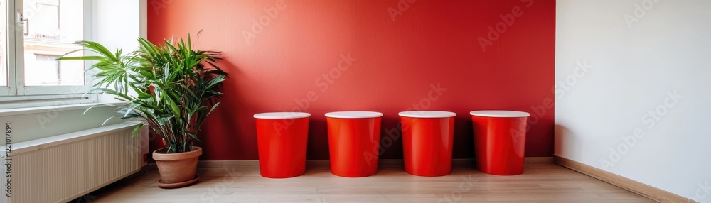 A modern interior featuring four red bins against a bold red wall, complemented by a potted plant, creating a vibrant and inviting atmosphere. A modern interior featuring four red bins against a bold red wall, complemented by a potted plant, creating a vibrant and inviting atmosphere.