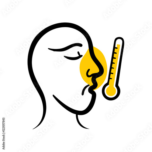 Face with yellow thermometer in cartoon outline style