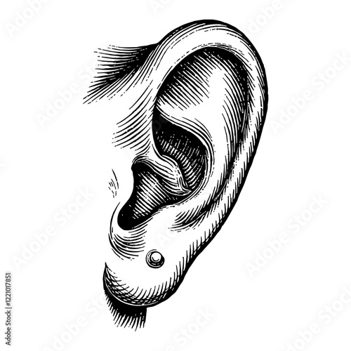 An Ear with Piercing in Detailed Black and White Outline Line Art Drawing from Side View