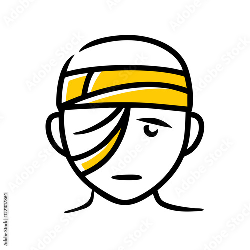 Bandaged head with yellow wrap in cartoon outline style