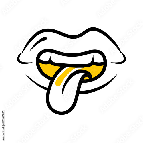 Tongue sticking out of lips with yellow accents in cartoon style