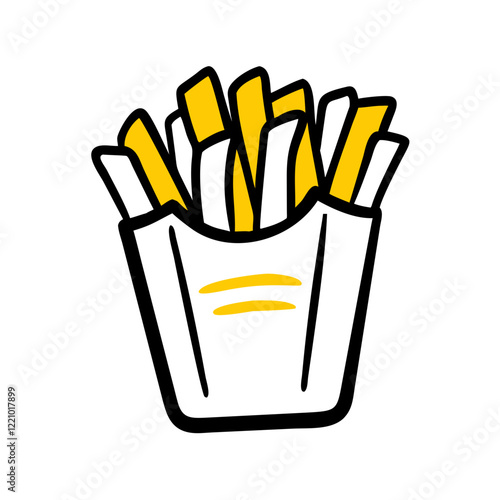 French fries in yellow and white carton in cartoon style