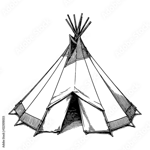 Indian Tent Tipi Traditional Black and White Outline Line Art Drawing Detailed Hand Engraved
