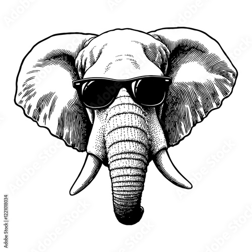 Elephant with Sunglasses Front Portrait Black and White Outline Line Art Drawing