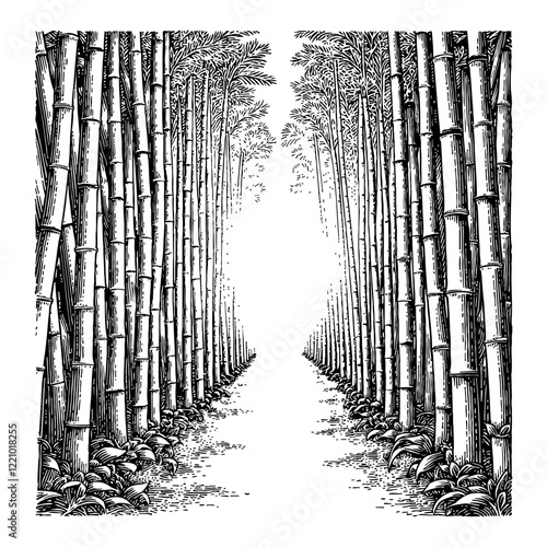 Bamboo Forest Path in Detailed Black and White Outline Line Art Drawing Engraving Woodcut Style