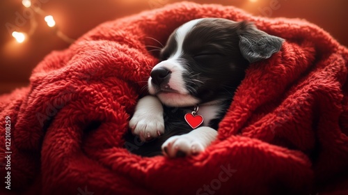 Wallpaper Mural Happy valentines day, black and white puppy wearing a heart tag, curled up and sleeping in a plush red blanket. Pet lovers concept. Torontodigital.ca