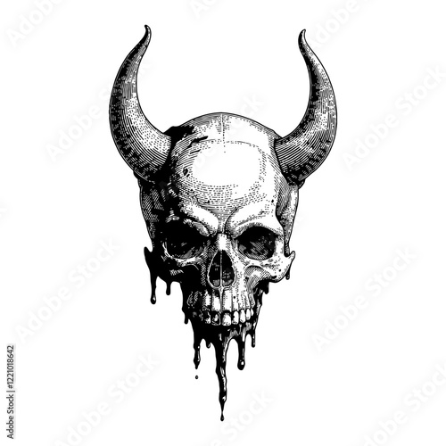 Devil Skull Head with Horns and Melting Blood Detailed Black and White Outline Line Art Drawing