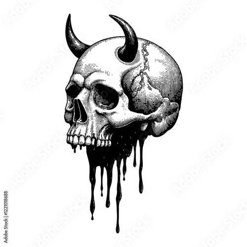 Devil Skull Head with Horns and Blood Drips Detailed Black and White Outline Line Art Drawing