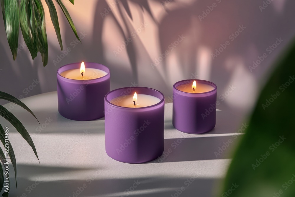 Elegant Purple Candles with Soft Flame and Leaf Shadow Background Elegant Purple Candles with Soft Flame and Leaf Shadow Background