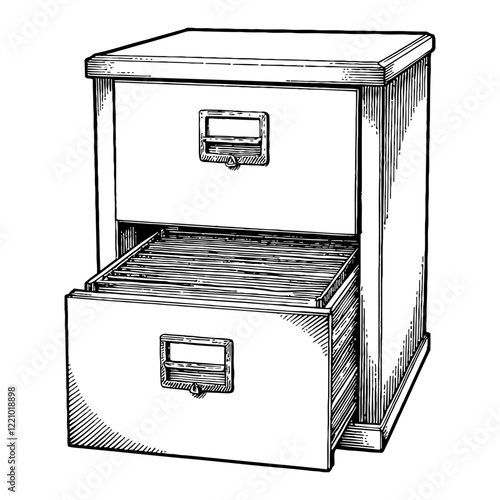 Filing Cabinet with Open Drawers in Detailed Black and White Outline Line Art Drawing