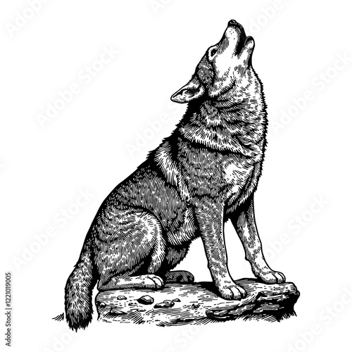 Howling Wolf Detailed Black and White Outline Line Art Drawing Sitting on Rock Looking Up