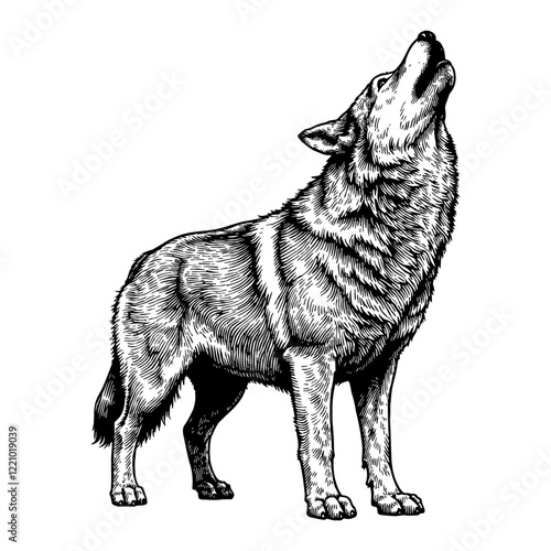 Howling Wolf Standing Full Body Detailed Black and White Outline Line Art Drawing