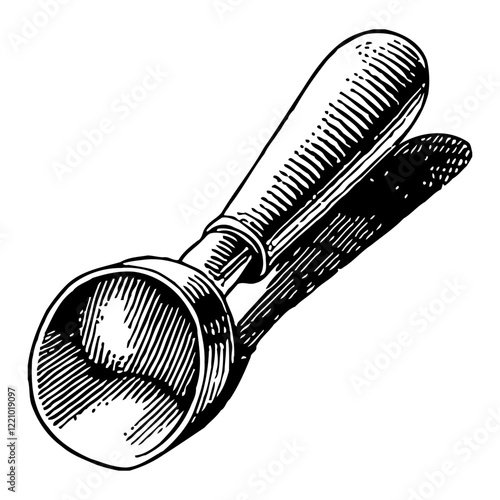 Ice Cream Scoop Hand Drawn in Vintage Black and White Outline Line Art Drawing with Shadow
