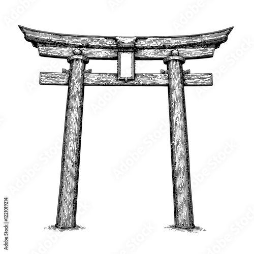 Japanese Torii Gate Front View in Detailed Black and White Outline Line Art Drawing