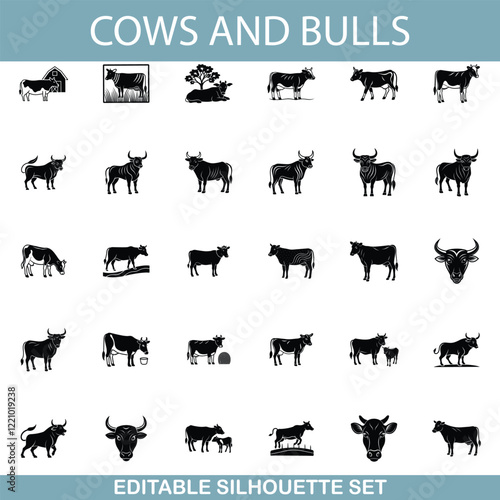 Editable Cow and Bull Silhouettes Farm Animal Icons Set