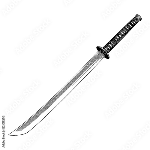 Long Katana Sword with Handle Detail Black and White Outline Line Art Drawing isolated on white
