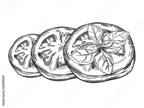 Vector illustration of a slice of tomato. Organic vegetables, healthy harvest. Ingredients for cooking, farm products. Hand-drawn in the style of linear, drawn in black ink on an isolated background