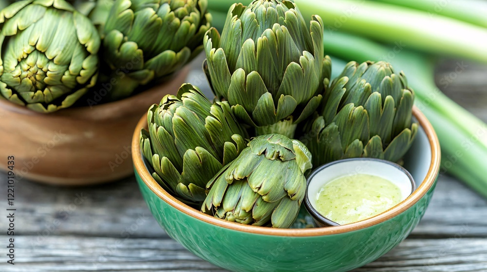 of steamed artichokes served with a dipping sauce, showcasing a healthy dish. Artichoke Superfood of steamed artichokes served with a dipping sauce, showcasing a healthy dish. Artichoke Superfood