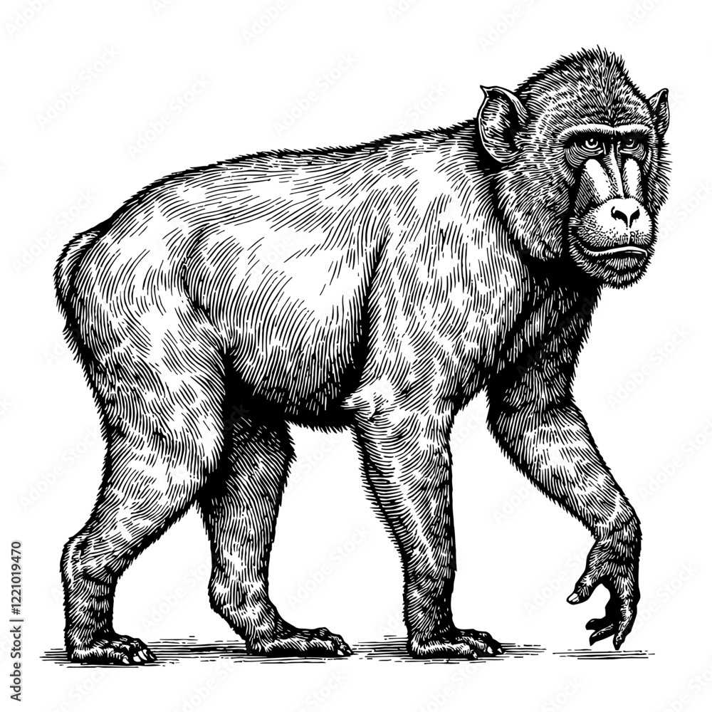 Obraz premium Detailed Mandrill Monkey Walking Side View Black and White Outline Line Art Drawing