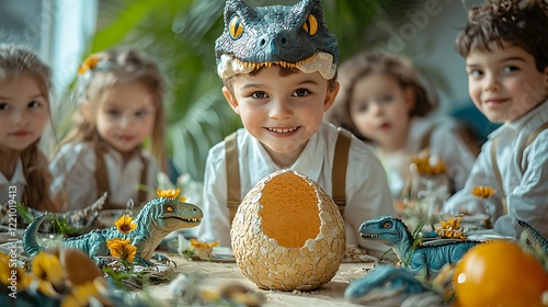 Fototapeta Naklejka Na Ścianę i Meble -  A birthday party featuring a dinosaur theme, with kids dressed as paleontologists and a cake shaped like a dinosaur egg