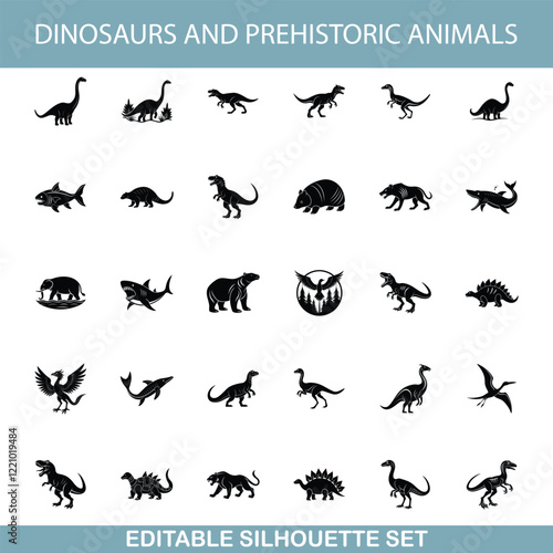 Prehistoric Creatures Dinosaurs, Animals, Silhouettes, Editable Set