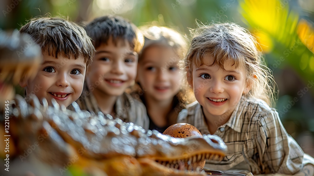 Naklejka premium A birthday party featuring a dinosaur theme, with kids dressed as paleontologists and a cake shaped like a dinosaur egg