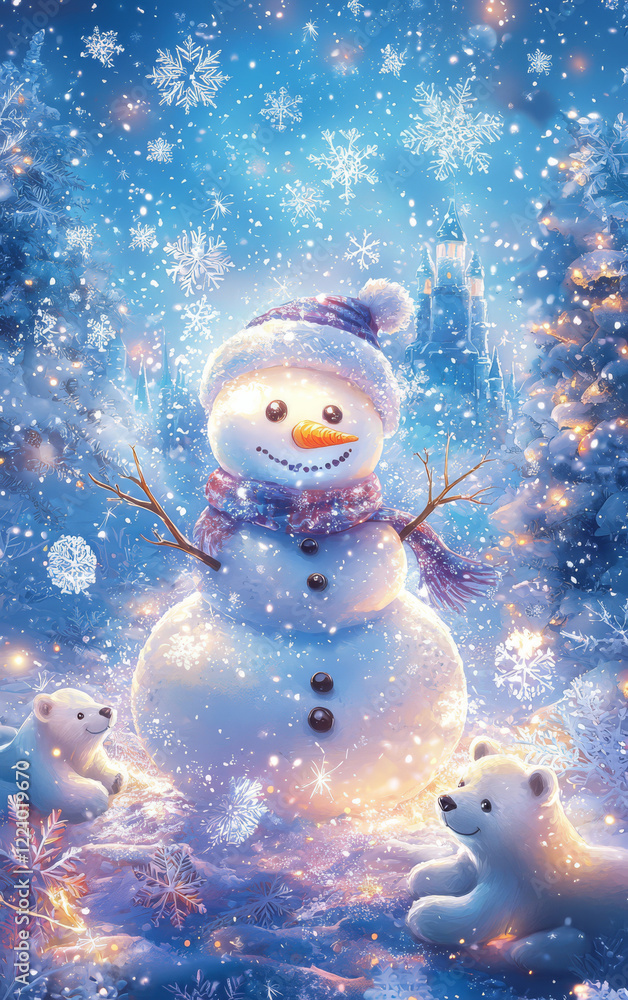 Obraz premium Frosty's Winter Wonderland: A whimsical snowman stands amidst a flurry of snowflakes, accompanied by adorable polar bears, creating a magical winter landscape scene. 