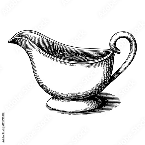 Sauce Boat Gravy Boat Black and White Outline Line Art Drawing Engrave Style Vector Illustration