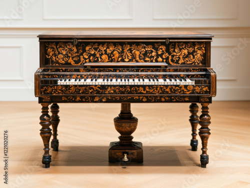 Ornate spinet with intricate carvings in classical setting photo