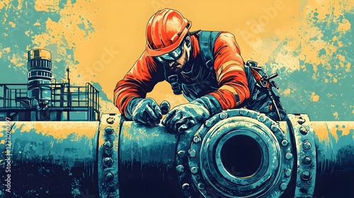 Industrial Worker Tightening Bolts on Pipe System with Advanced Equipment
