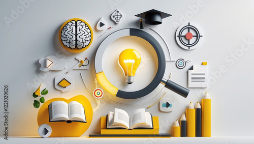 Educational growth and goal achievement concepts. Magnifying glass focuses on a light bulb representing ideas, surrounded by various education symbols. e-Learning, learning onlines photo