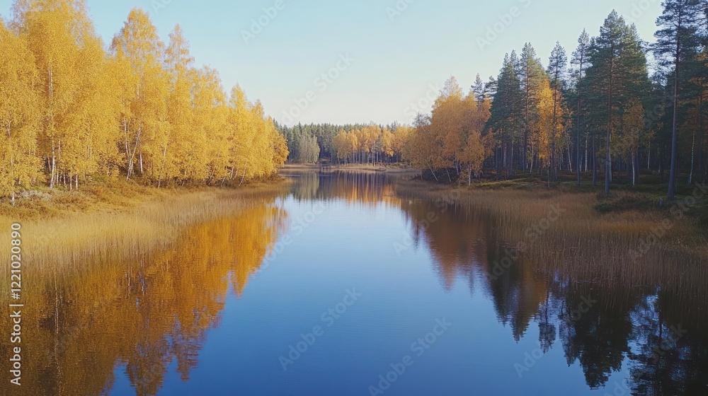 Autumnal lake reflecting golden trees and pines Autumnal lake reflecting golden trees and pines