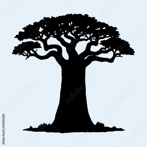 Baobab Tree silhouette african trees Vector in isolated white background. 