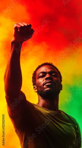 African American man raising his fist against a vibrant red, yellow, and green vertical background
