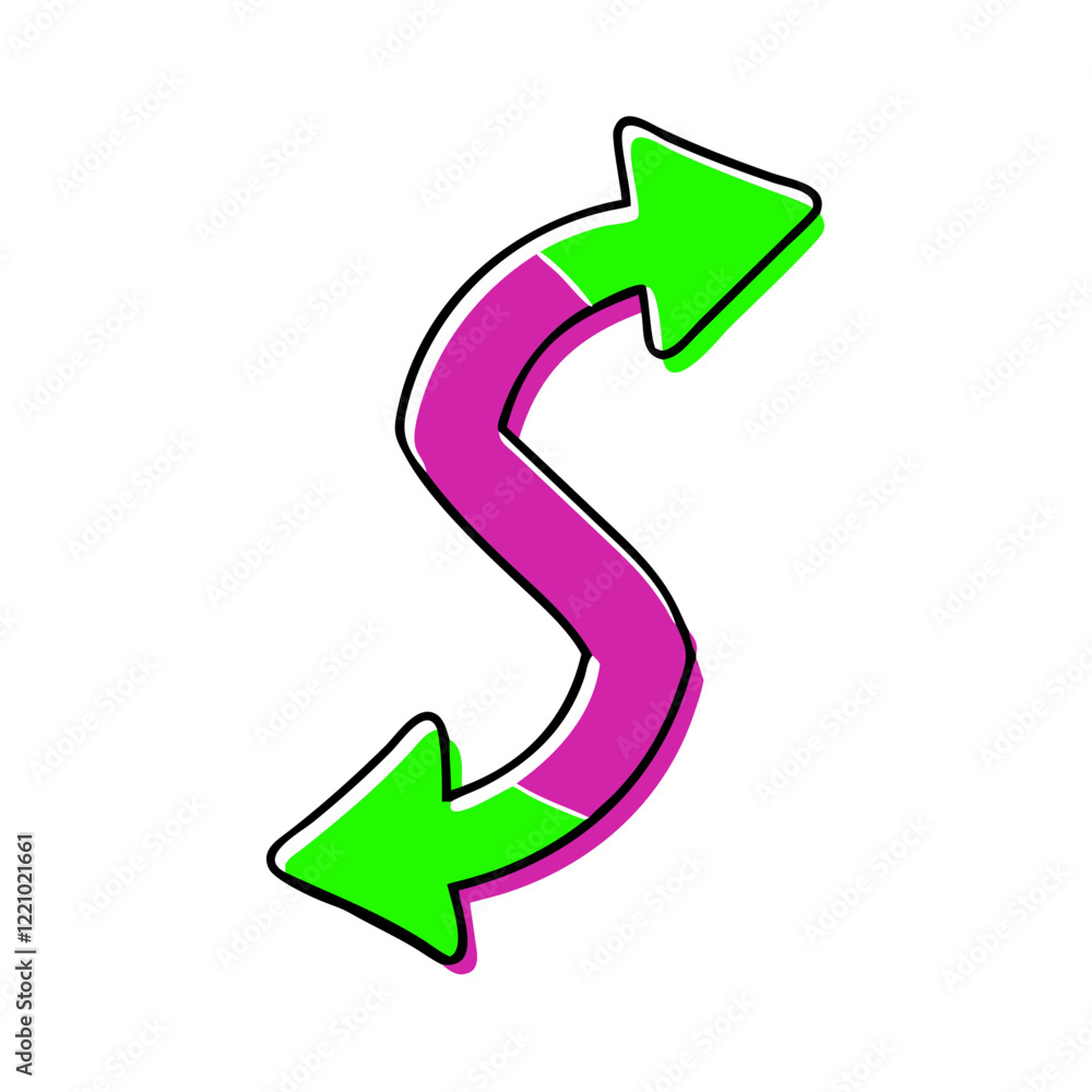 S-shaped arrow in neon green and pink colors