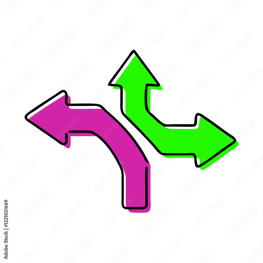 Split directional arrows in neon green and pink Split directional arrows in neon green and pink